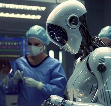 a depiction of the future of healthcare, where AI-driven robots may work alongside human medical staff