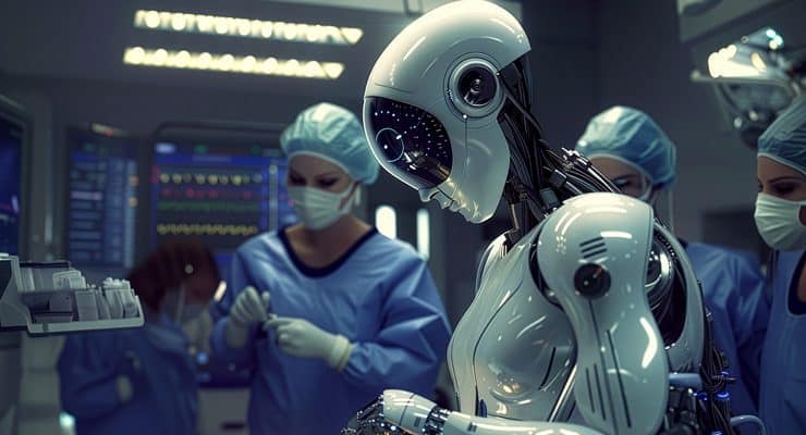 a depiction of the future of healthcare, where AI-driven robots may work alongside human medical staff