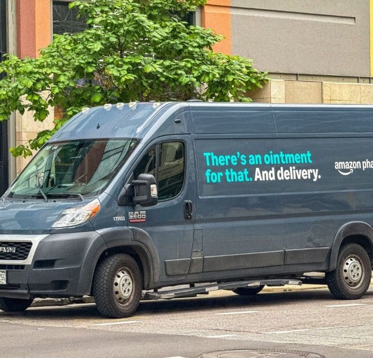 Amazon Pharmacy delivery vehicle dispersing GLP-1 medication prescriptions.