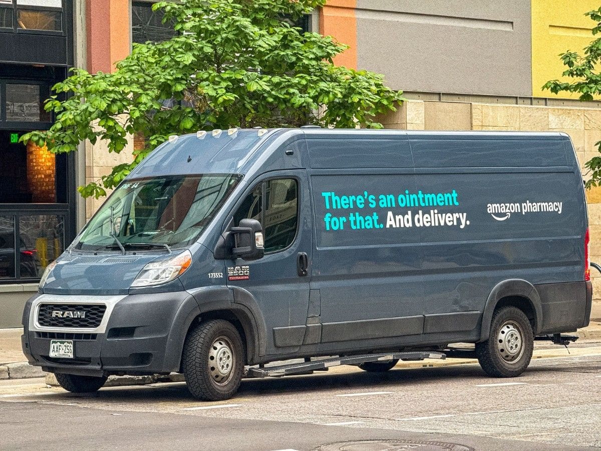Amazon Pharmacy delivery vehicle dispersing GLP-1 medication prescriptions.