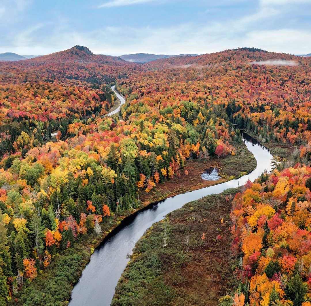 an aerial view of the Bog River near Tupper Lake located within the spectacular Adirondack Park in Upstate New York