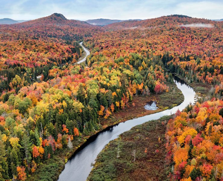 an aerial view of the Bog River near Tupper Lake located within the spectacular Adirondack Park in Upstate New York