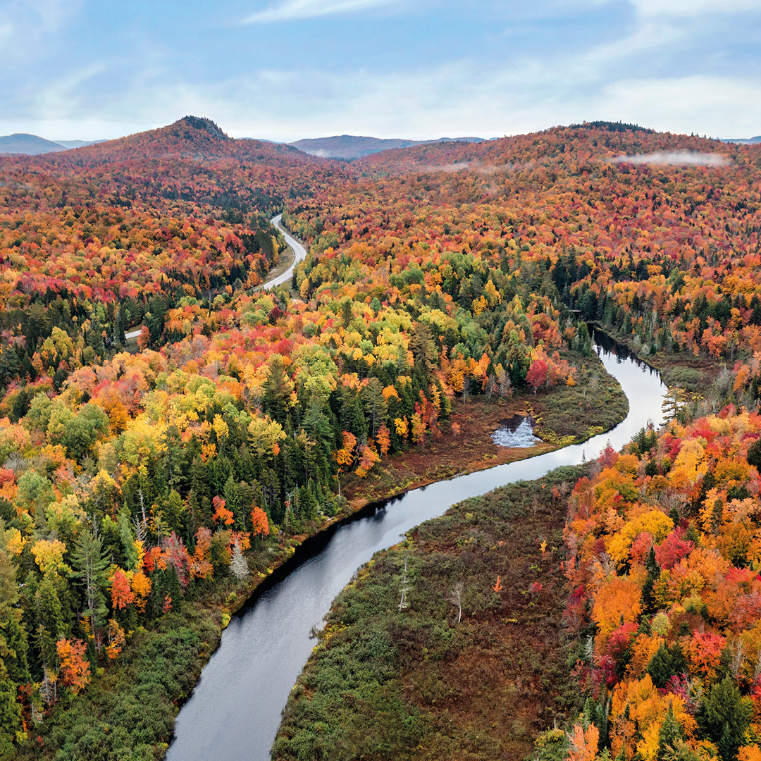 an aerial view of the Bog River near Tupper Lake located within the spectacular Adirondack Park in Upstate New York