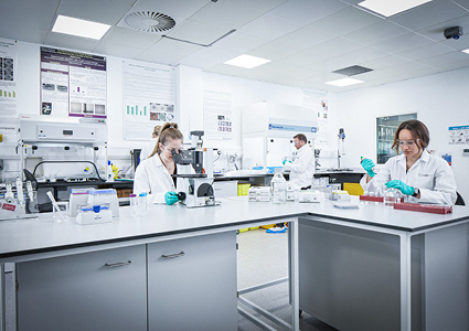 a modern scientific or pharmaceutical research laboratory with researchers wearing lab coats working at benches with equipment like microscopes and pipettes
