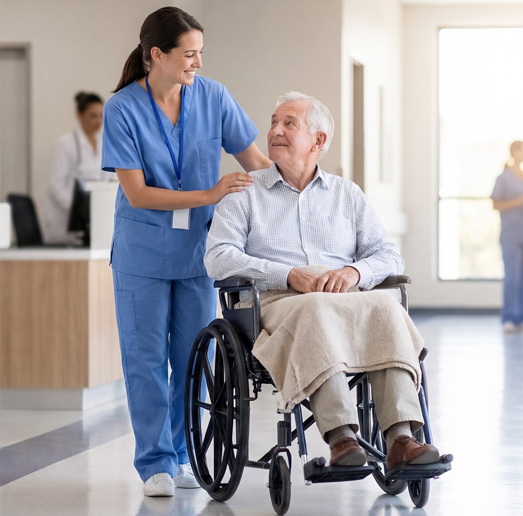 a healthcare worker in blue scrubs assisting a senior male patient seated in a wheelchair