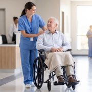 a healthcare worker in blue scrubs assisting a senior male patient seated in a wheelchair