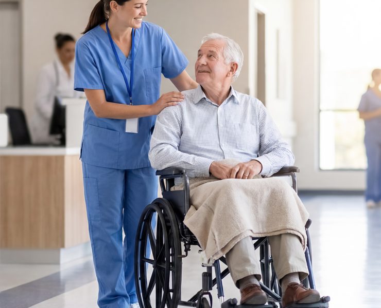 a healthcare worker in blue scrubs assisting a senior male patient seated in a wheelchair