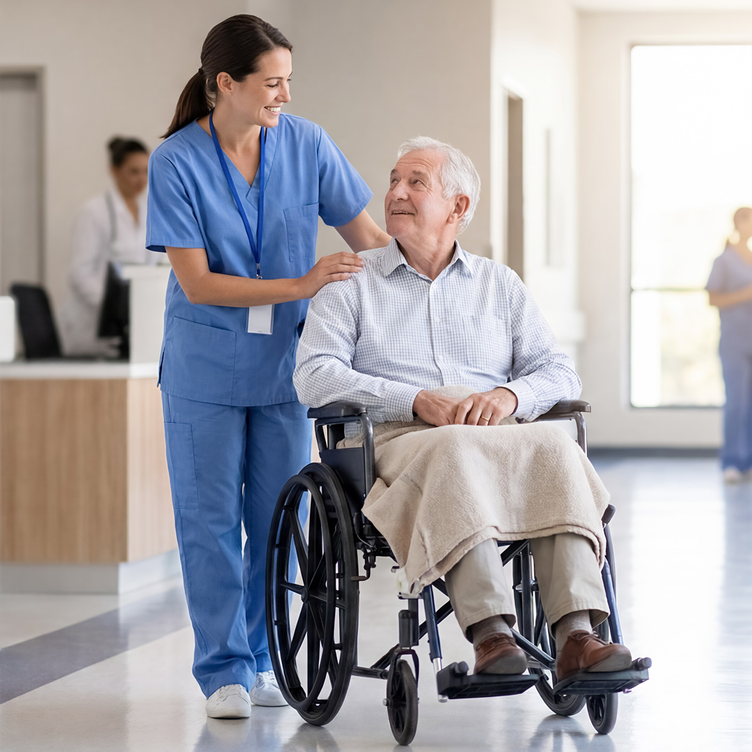a healthcare worker in blue scrubs assisting a senior male patient seated in a wheelchair