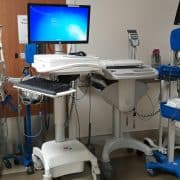 Hospital medical equipment and computer displays used to support digital communications and patient care systems.