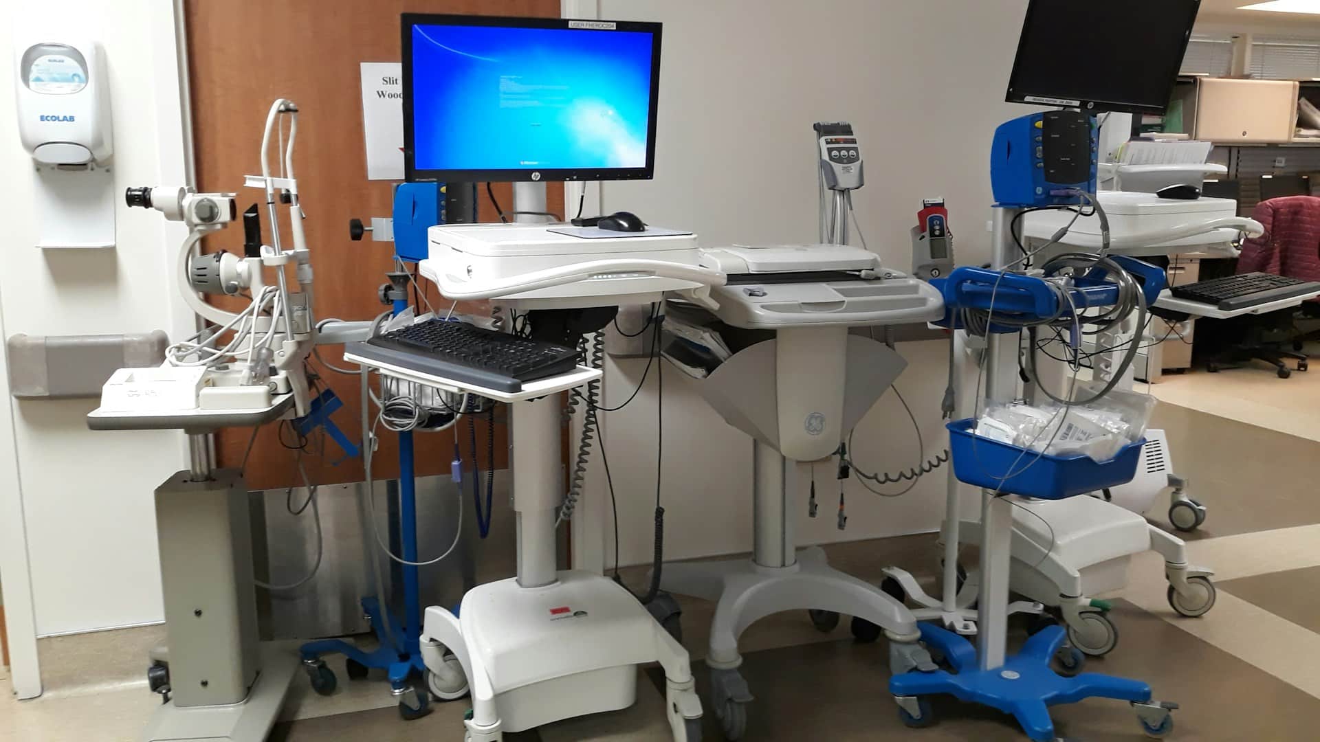 Hospital medical equipment and computer displays used to support digital communications and patient care systems.